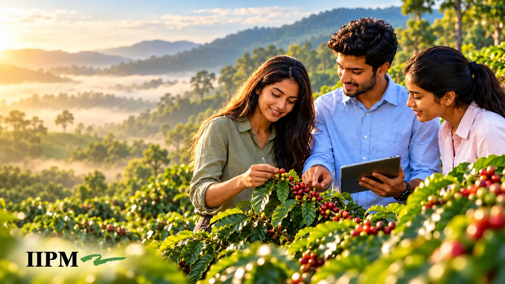 Three Students Among Coffee Plants